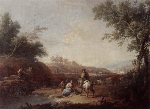Giuseppe Zais An italianate landscape with fishermen and travellers resting beside a pool China oil painting art